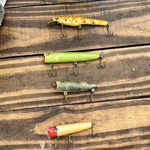 Very old fishing lure collection, set of 4,wooden, never used
